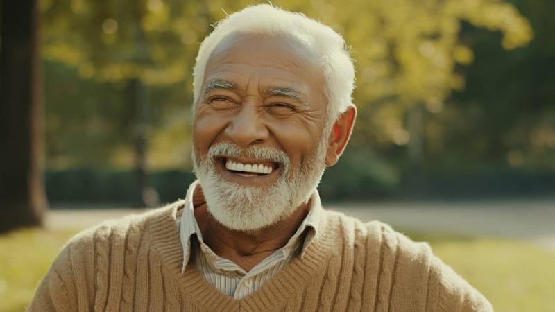 Aging man smiling on a park bench