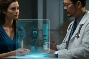 An American consulting with a doctor and an AI assistant