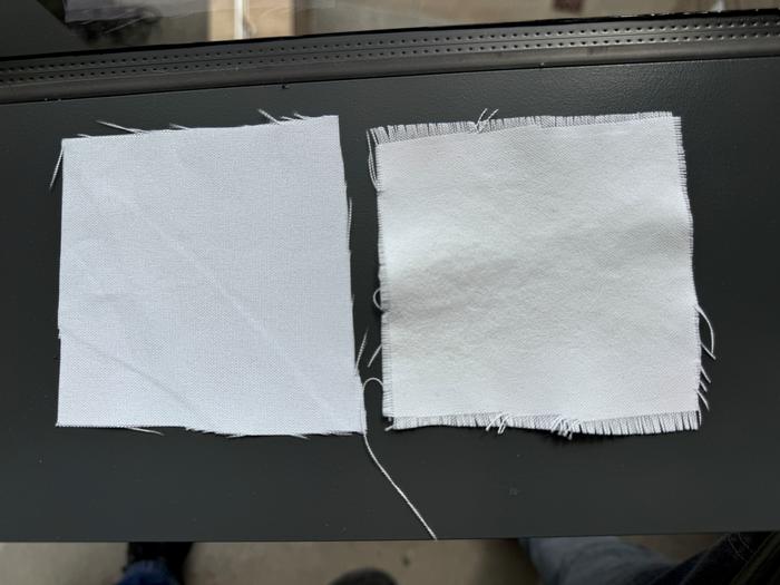 A chalk-based coating attaches to various commercially available textiles, including cotton and synthetic fiber, to create cooling fabrics, such as the treated synthetic material (right) that’s brighter than the untreated fabric (left).