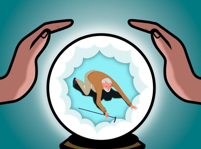 illustration of a crystal ball showing an old man who has fallen