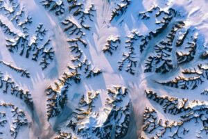 Snowy mountain range seen from overhead