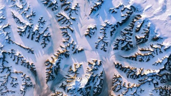 Snowy mountain range seen from overhead