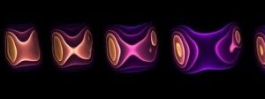 A snapshot of a computer simulation showing how energy density changes over time in the collision of a lead ion with a photon emitted by another lead ion.