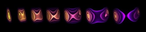 A snapshot of a computer simulation showing how energy density changes over time in the collision of a lead ion with a photon emitted by another lead ion.