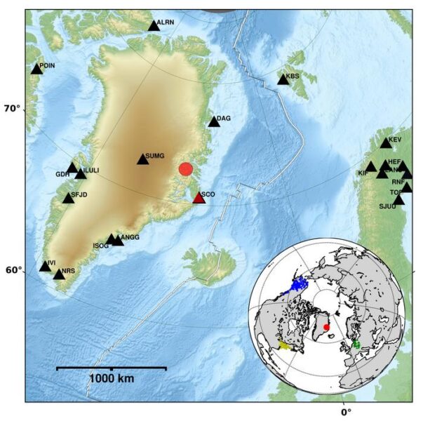 Overview of seismic stations on Greenland (black triangles), the location of the tsunami (red circle) and the nearest seismic station (red triangle), whose filtered signals are shown.