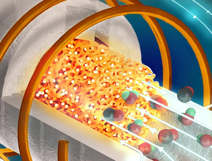 This image depicts the inductively heated metamaterial reactor with catalysts filling the ceramic foam baffle. It is producing carbon monoxide and water from the reverse water gas shift reaction. | Dolly Mantle