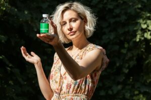 Woman holding a bottle of placebo medicine