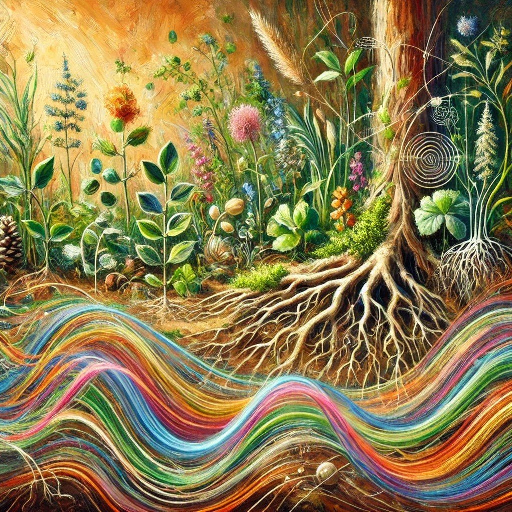 groovy illustration of tree roots and a rainbow wave