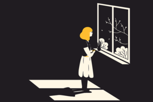 illustration of girl looking sadly out a window