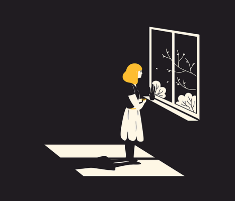 illustration of girl looking sadly out a window