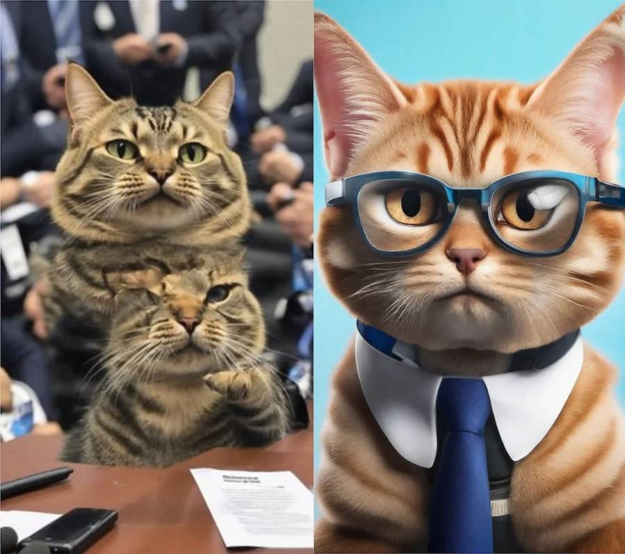 The picture on the left was generated by a standard method while the picture on the right was generated by ElasticDiffusion. The prompt for both images was, “Photo of an athlete cat explaining its latest scandal at a press conference to journalists.” (Image courtesy of Moayed Haji Ali/Rice University)