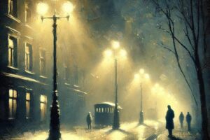 street lights on a snowy evening