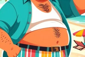 Cartoon of a man's belly at the beach