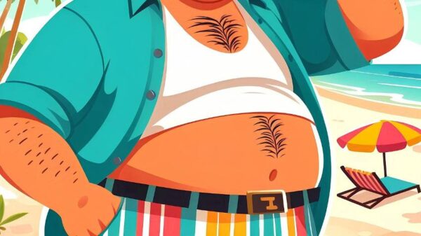 Cartoon of a man's belly at the beach