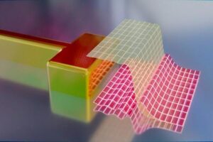 Artist's impression of an electrically contacted optical antenna (left) and the quantum mechanical distribution of its surface electrons. The normal distribution is shown in yellow, while the change induced by an applied voltage is shown in red.