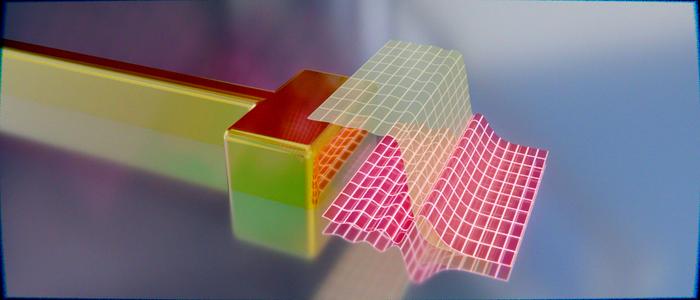 Artist's impression of an electrically contacted optical antenna (left) and the quantum mechanical distribution of its surface electrons. The normal distribution is shown in yellow, while the change induced by an applied voltage is shown in red.