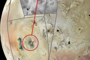 A comparison of JunoCam data from April 2024 with imagery from the Galileo mission of the same area in November 1997 (greyscale insert) reveals a new volcanic feature on the surface of Jupiter’s moon, Io.