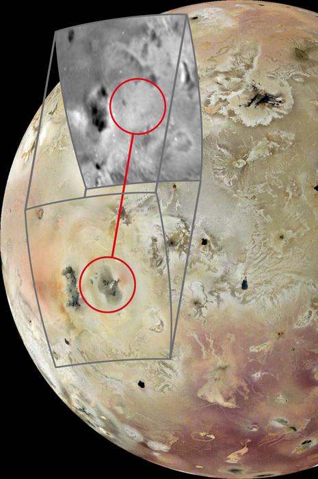 A comparison of JunoCam data from April 2024 with imagery from the Galileo mission of the same area in November 1997 (greyscale insert) reveals a new volcanic feature on the surface of Jupiter’s moon, Io.