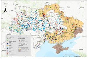 The map displays all electricity generation and transmission assets in Ukraine as of February 2022, along with military attacks through 6 June 2023. In February 2022, Ukraine's mainland power system included over 1,500 generation plants across seven regional power systems, with a total capacity of 59 GW. Of this capacity, 49% came from fossil fuels (coal and/or gas), 23% from nuclear power, and the rest from solar (13%), hydropower (11%), wind (3%), and biomass/biogas (