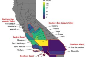 This map shows how the average incidence of Valley fever varies across different counties, with yellow and green representing higher incidence than blue and purple.