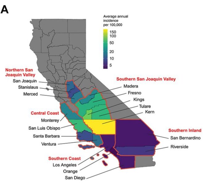 This map shows how the average incidence of Valley fever varies across different counties, with yellow and green representing higher incidence than blue and purple.