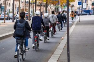 Bicyclists on a road in Europe