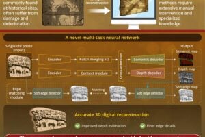 The innovative multi-task neural network achieves simultaneous depth estimation and soft-edge detection in a single network, producing clear 3D reconstructed images of relief-type cultural heritage objects from a single old photo.