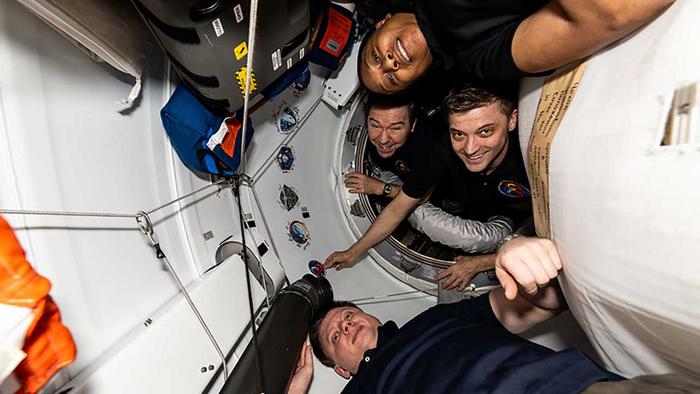 SpaceX Crew-8 astronauts (top to bottom) NASA's Jeanette Epps, Mike Barratt & Matthew Dominick, and Roscosmos cosmonaut Alexander Grebenkin onboard the ISS.