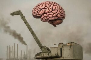 abstract illustration of a human brain hovering over a polluted work site