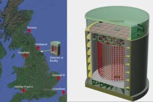 Schematic of the antineutrino detector and reactors in the proposed area it is theoretically able to detect.