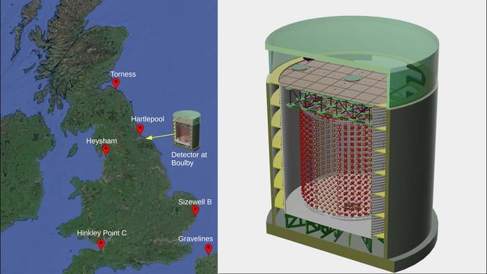 Schematic of the antineutrino detector and reactors in the proposed area it is theoretically able to detect.