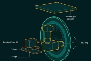 Schematic of gravity machine - a rotating microscope that enables virtual reality arena for plankton and marine snow. The tool enables an infinite field of view microscope in the Z-axis, enabling observation of a sedimenting particle over long periods of time.