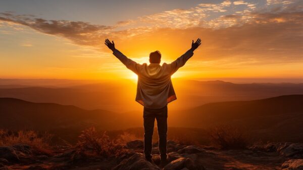 Man raising arms high in success