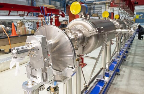 The fully assembled prototype high-beta 650-megahertz cryomodule. Four of these will make up the final stage in Fermilab’s new linear accelerator.