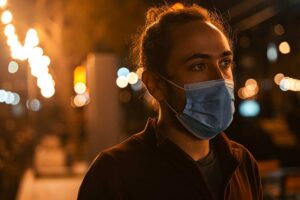 man at night wearing a covid mask