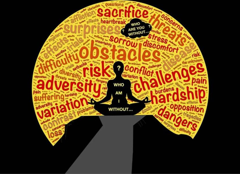 abstract illustration of adversity related word cloud and person meditating