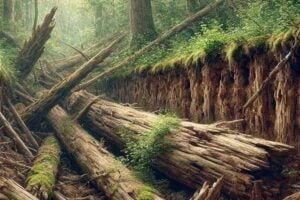 A dense forest scene with fallen trees lying across a deep ravine, surrounded by lush greenery and moss-covered trunks.