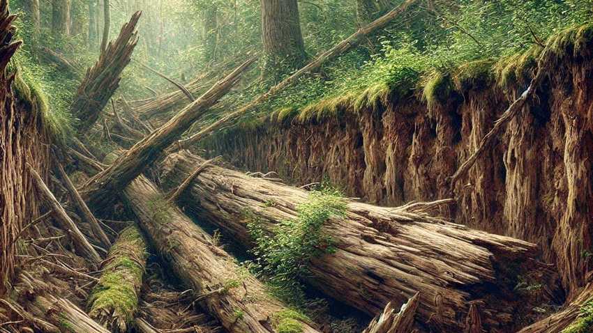 A dense forest scene with fallen trees lying across a deep ravine, surrounded by lush greenery and moss-covered trunks.