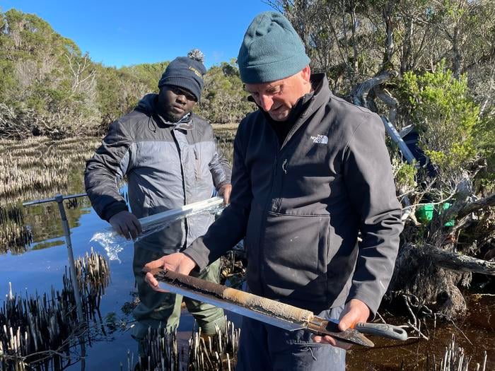 Matthew Adeleye (L) and David Bowman (R) in Emerald swamp, Three Hummock Island.