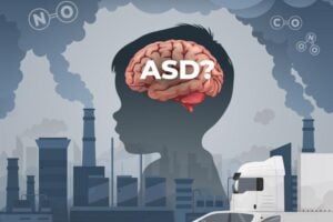 Illustration of the link between air pollution and autism spectrum disorder (ASD).