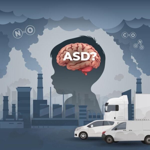 Illustration of the link between air pollution and autism spectrum disorder (ASD).