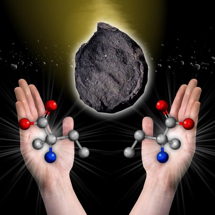 A diagram of left-handed and right-handed versions of the amino acid isovaline, found in the Murchison meteorite.