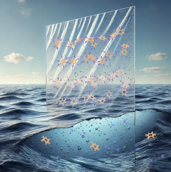 Artistic rendering of the new plastic. Cross linked salt bridges visible in the plastic outside the seawater give it its structure and strength. In seawater (and in soil, not depicted), resalting destroys the bridges, prevending microplastic formation and allowing the plastic to become biodegradable.