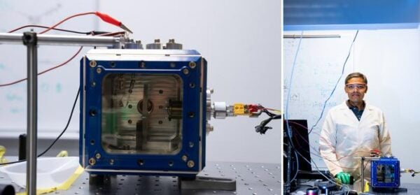 Reactor (left) used to test the new thermal emitter; Gururaj Naik (right).