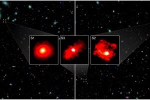 The three Red Monsters represent the core findings of this work – these extremely massive and dusty galaxies in the first billion years after the Big Bang indicate that the early Universe is forming stars more efficiently than expected. Image taken by the James Webb Space Telescope.