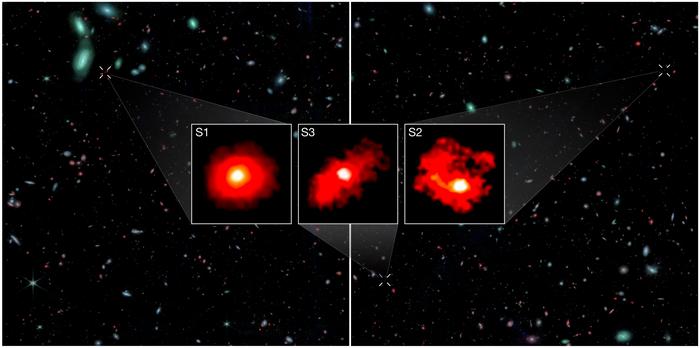 The three Red Monsters represent the core findings of this work – these extremely massive and dusty galaxies in the first billion years after the Big Bang indicate that the early Universe is forming stars more efficiently than expected. Image taken by the James Webb Space Telescope.