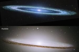 This image compares the view of the famous Sombrero Galaxy in mid-infrared light (top) and visible light (bottom). NASA’s James Webb Space Telescope’s MIRI (Mid-Infrared Instrument) reveals the smooth inner disk of the galaxy.