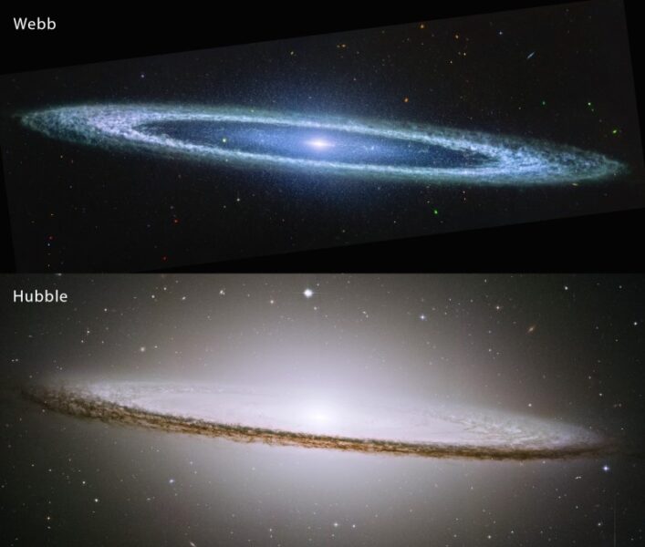 This image compares the view of the famous Sombrero Galaxy in mid-infrared light (top) and visible light (bottom). NASA’s James Webb Space Telescope’s MIRI (Mid-Infrared Instrument) reveals the smooth inner disk of the galaxy.