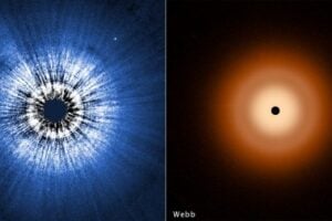 Hubble and Webb Observations of Vega Circumstellar Debris Disk. [left]-A Hubble Space Telescope false-color view of a 100-billion-mile-wide disk of dust around the summer star Vega. Hubble detects reflected light from dust that is the size of smoke particles largely in a halo on the periphery of the disk. The disk is very smooth, with no evidence of embedded large planets. The black spot at the center blocks out the bright glow of the hot young star. [right]-The James Webb Space Telescope resolves the glow of warm dust in a disk halo, at 23 billion miles out. The outer disk (analogous to the solar system’s Kuiper Belt) extends from 7 billion miles to 15 billion miles. The inner disk extends from the inner edge of the outer disk down to close proximity to the star. There is a notable dip in surface brightness of the inner disk from approximately 3.7 to 7.2 billion miles. The black spot at the center is due to lack of data from saturation.