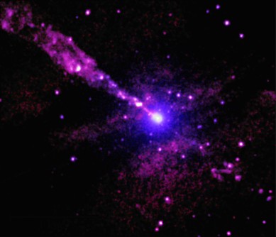 Using the deepest X-ray image ever made with Chandra of Centaurus A, astronomers have found an unusual mark from the giant black hole’s powerful jet striking an unidentified object in its path. A patch of V-shaped emission connected to a bright source of X-rays is located close to the path of the jet from the supermassive black hole (highlighted in the inset). The arms of the “V” are at least about 700 light-years long. In this image, low, medium, and high-energy X-rays from Chandra are colored pink, purple, and blue respectively.